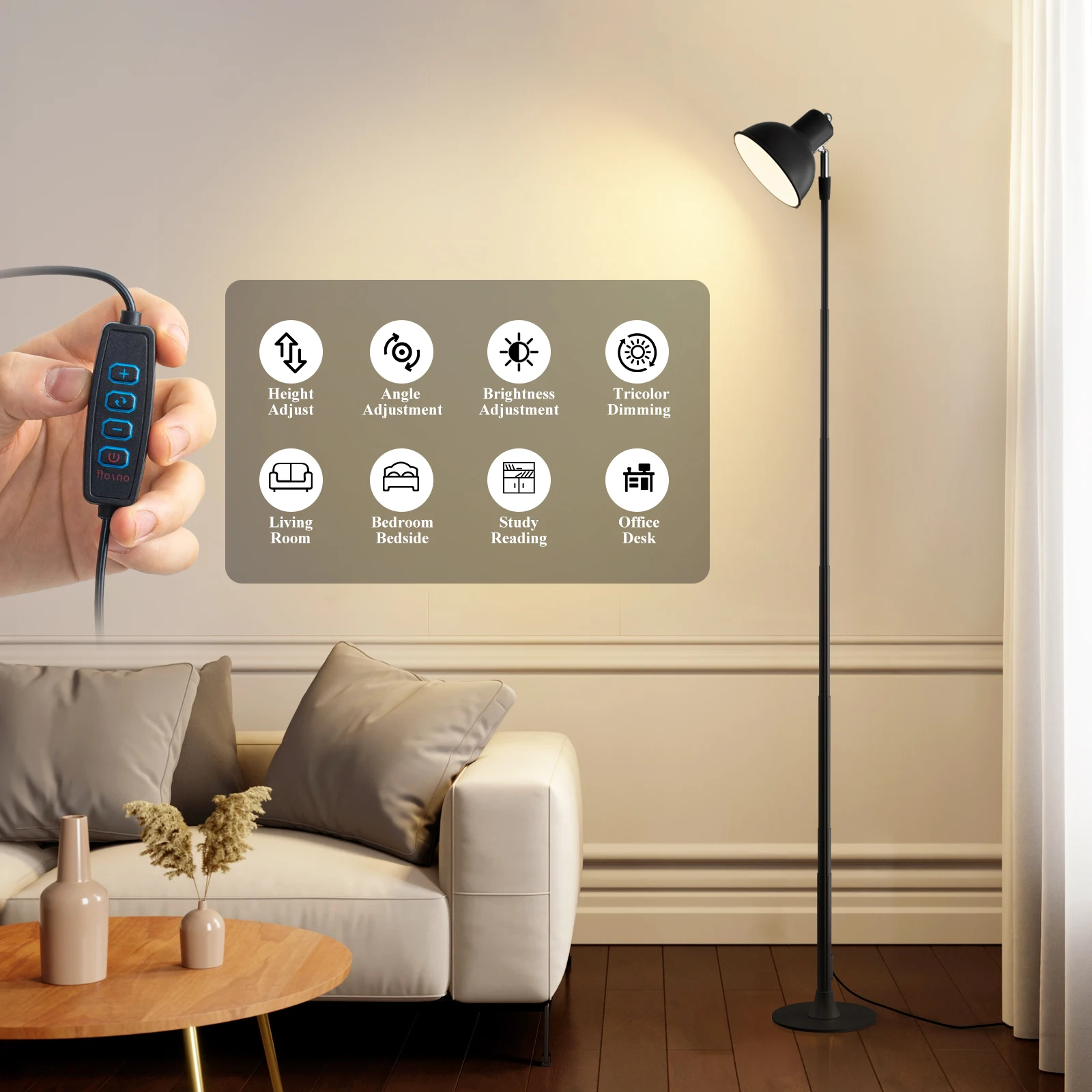 مصباح أرضي USB معدني مع ضوء LED قابل للتعتيم وعمود قابل للتعديل (3000K-6500K درجة حرارة اللون) مكاتب القراءة أضواء قائمة