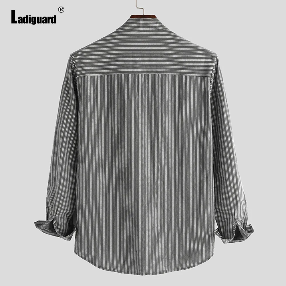 Men Long Sleeves Casual Linen Blouse Male Streetwear 2023 Halajuku Basic Shirt Plus Size 5xl Mens Fashion Leisure Striped Tops