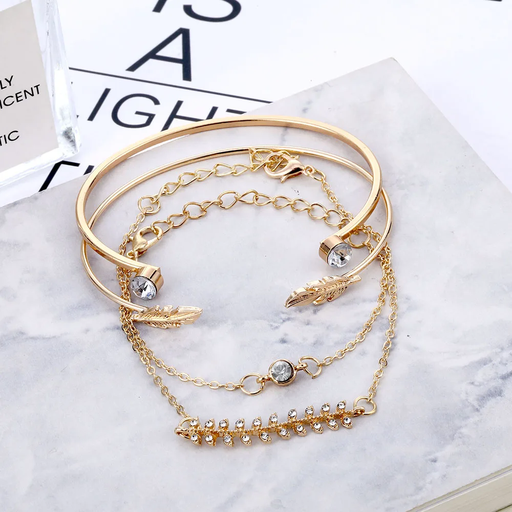 IPARAM Vintage Gold Color Geometric Crystal Alloy Bracelet Set for Women Arrow Feathers Leaves Moon Bohemian Bracelet Wholesale