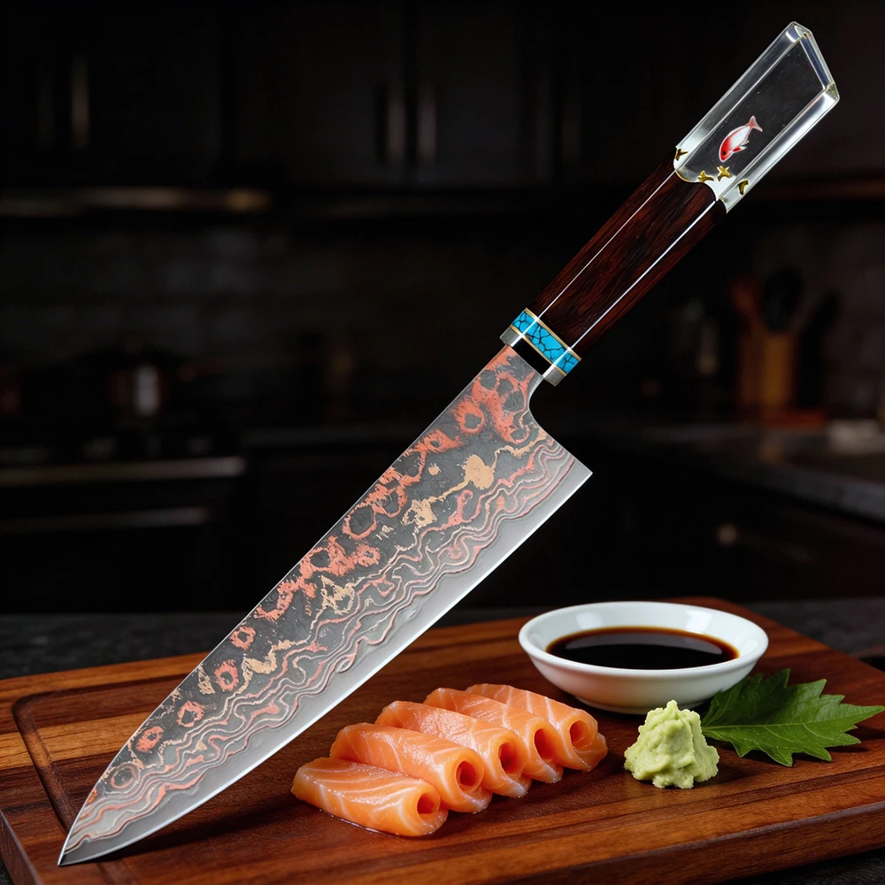 

XITUO Copper Damascus Chef Knife 8 inch, Japanese Kitchen Knives Copper & Damascus Steel 33 Layer Hand Forged Utility Knife