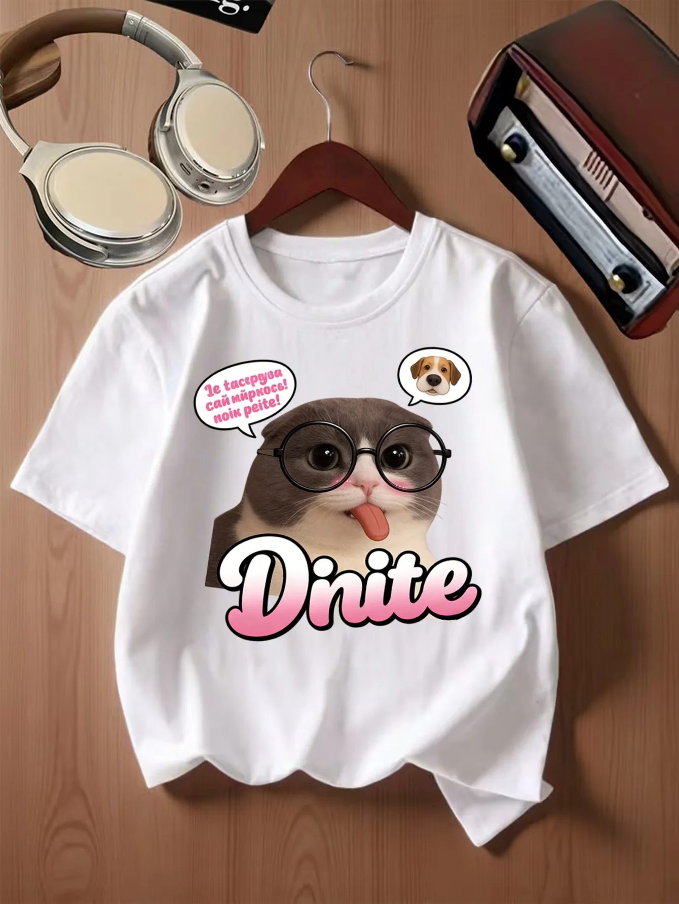 Lovely Grey White Cat With Glasses Dinite Letter Print Kids T Shirt Boys Girls Family Matching Summer Crew Neck Casual Tee
