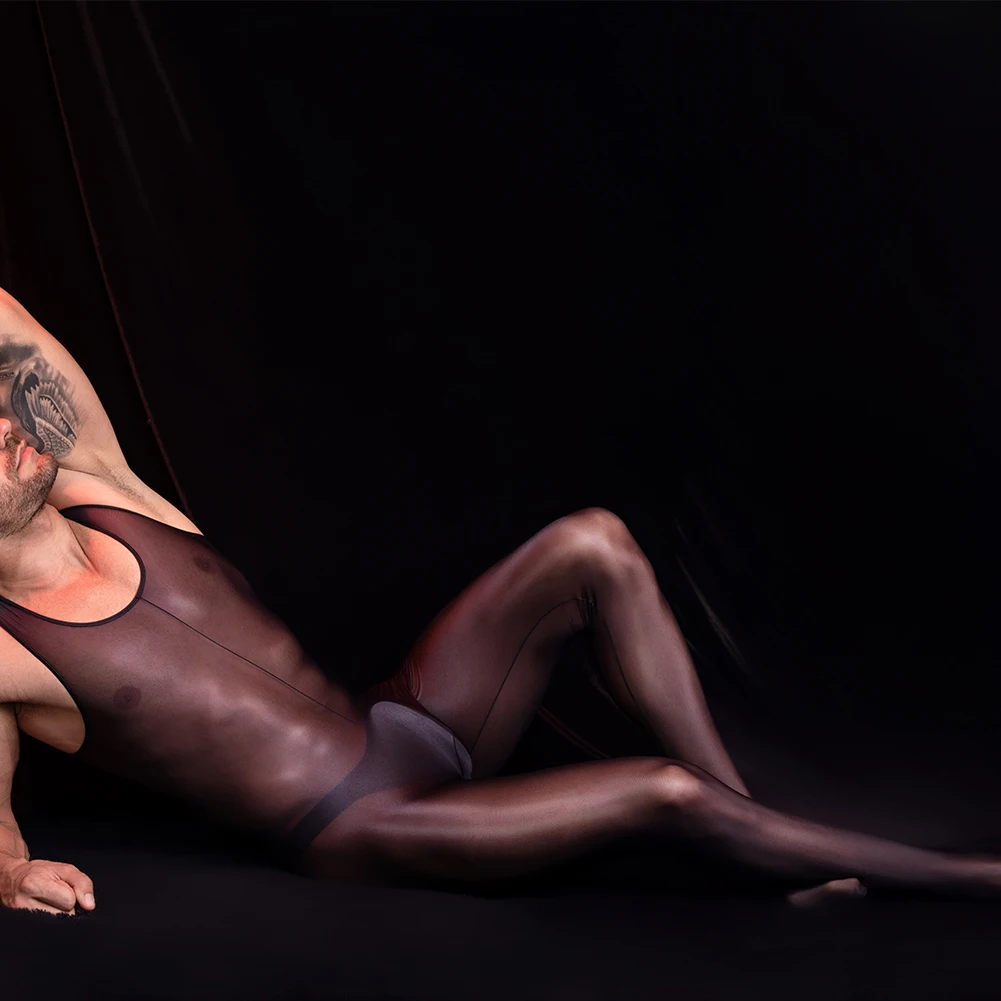 

Male Sexy Lingerie Mens Bodysuit Night Club Oil Glossy Shiny Jumpsuit Medium Strecth Sleeveless Solid Body Stocking