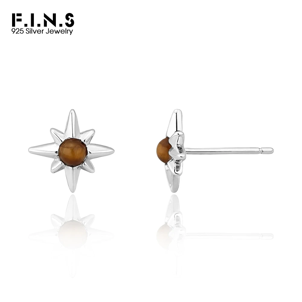 

F.I.N.S корейские простые серьги-гвоздики из стерлингового серебра 925 пробы со звездами, маленькие серьги-гвоздики с камнем «Тигровый глаз», антиаллергенные серьги, ювелирные изделия, подарки