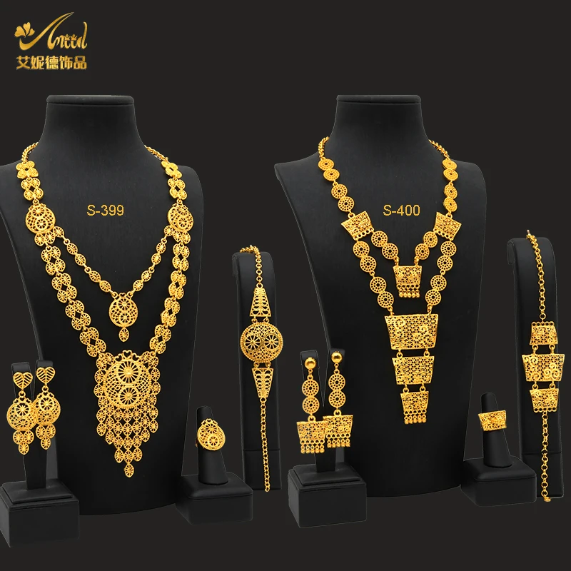 Aniid indische 24 Karat Gold Farbe Halskette Set nigerian ische Party Braut Hochzeit äthiopischen Luxus Dubai Schmuck Großhandel neue Geschenke