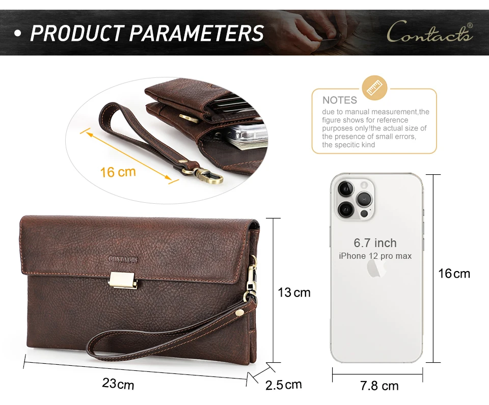 CONTACT'S Handgefertigte Vollnarbenleder-Clutch-Tasche mit RFID-Schutz, Handgelenktasche, Große Kapazität, Herren-Reißverschlusstasche für Business – Detail 5