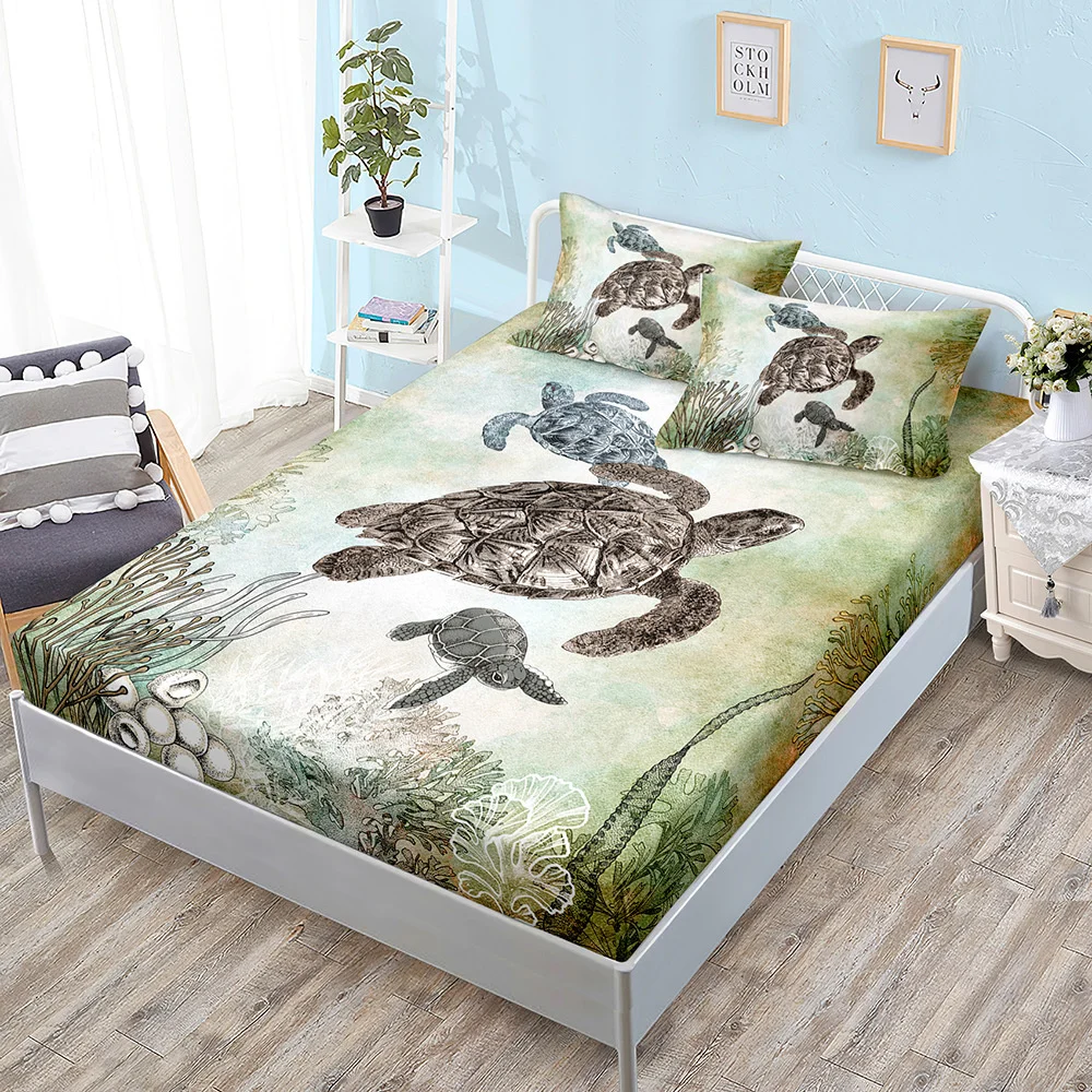 Imagem -04 - Ocean World Turtle Fitted Bed Sheet For Kids Protetor de Colchão Roupa de Cama Elástica Twin Full Queen King Bed Cover