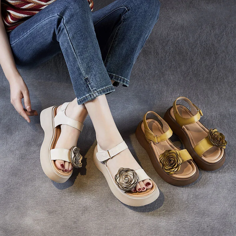 XMWRLW 2026 Summer Women's Handmade Sandals Retro Style Ladies Thick Sole Shoes Women Summer Sandals Non Slip Shoe Sandal