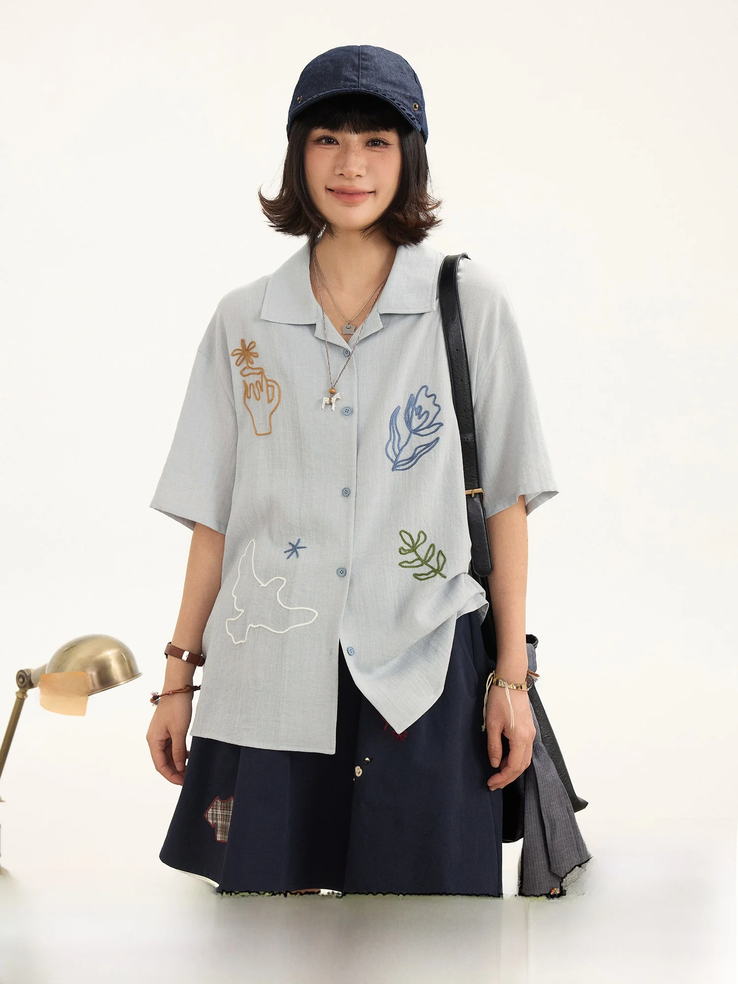 

Loose Fit Short Sleeve Cotton Linen Blend Shirt Embroidered Texture Cuban Collar Women's Casual Style Summer Shirt