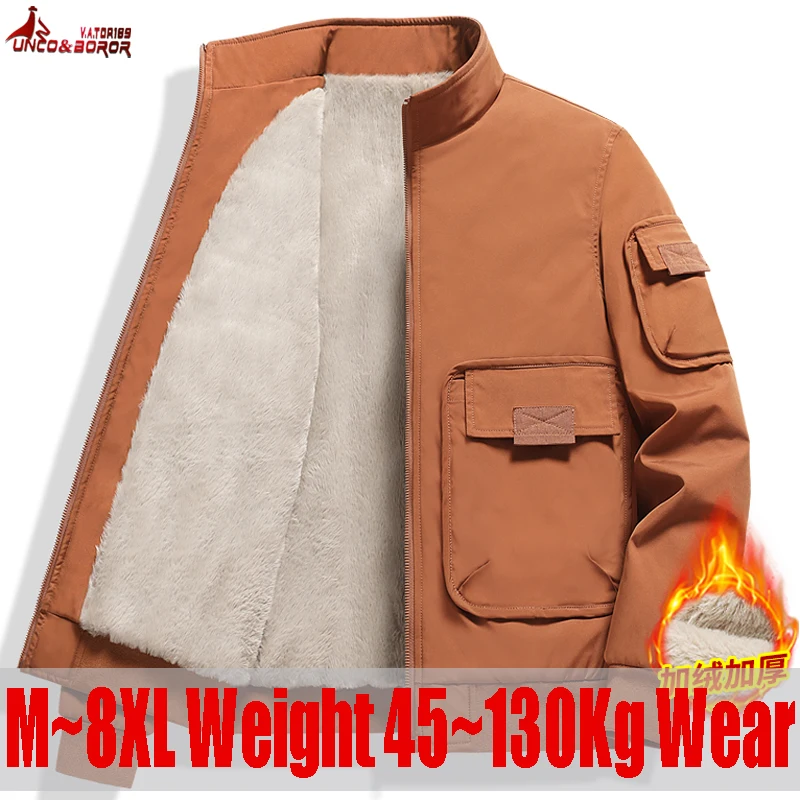 Plus Size 6XL 7XL 8XL Men's Fleece Warm multi-pocket Cargo Coats Men Thick Jacket Winter Thermal Windbreaker Parkas Men Clothing