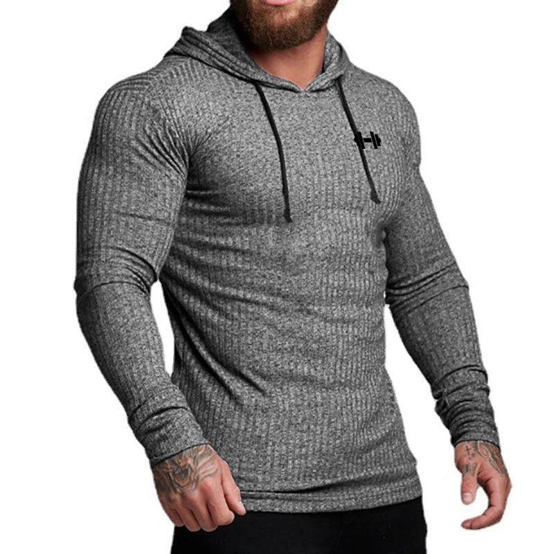 Men\'s Casual Long Sleeve Slim Fit Shirt Gym Sport Fitness Quick Dry Hooded T-Shirt Fashion Knitted Stripes Bodybuilding Clothing