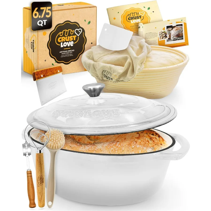 

Голландская печь для выпечки хлеба – вкл. Принадлежности для выпечки на ударе, такие как корзина для расстойки Banneton — эмалированный овальный чугунный Bre с эмалью 6,75QT