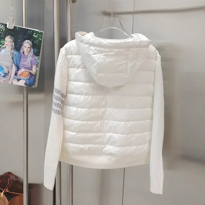 Doudoune légère à capuche en duvet de canard blanc pour femme, manteau rayé, manches épissées, décontracté, tendance, hiver, 2024