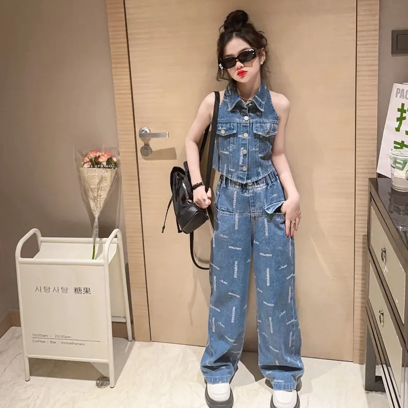 Teens Girls Oufits Blue Denim Sleeveless Backless Vest Jeans Two Pieces Children Costumes 2023 Summer Fashion Kids Clothes Sets