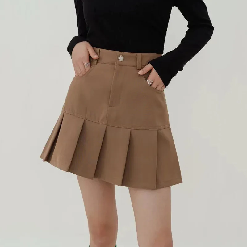 Korean Pleated A Line Skirt for Women Summer High Waist Slimming Mini Skirts Woman Preppy Style Pockets Short Skirts Ladies
