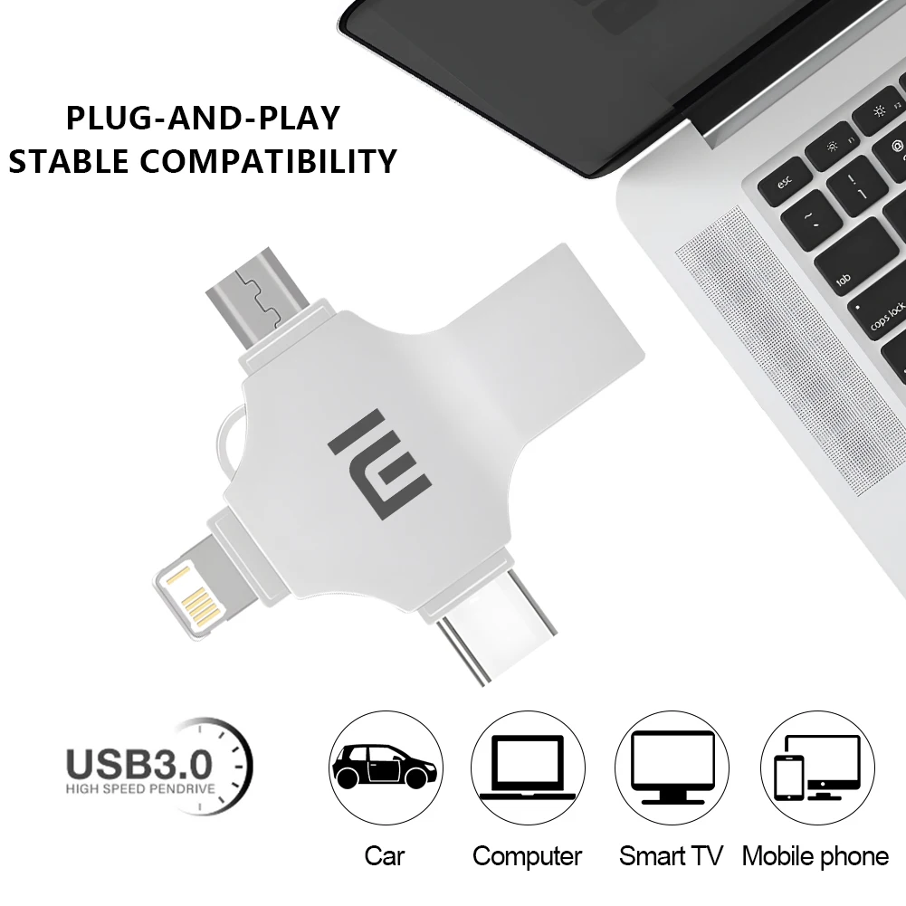 XIAOMI-Type-C OTG USB Flash Drive, Memory Stick para iPhone, Android, PC, Micro USB 3.0 Pendrive, 4 em 1, 2TB, 3.0