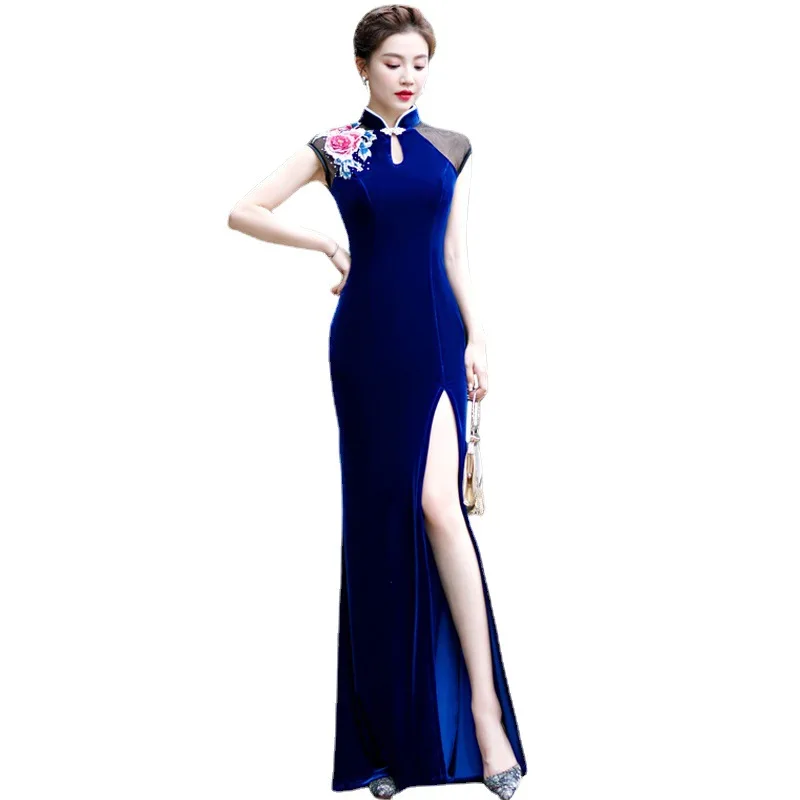 Sexy New Brocade Satin Long Fork Cheongsam Chinese Classic Women\'s Qipao Elegant Short Sleeve Novelty Wedding Evening Dress 5XL