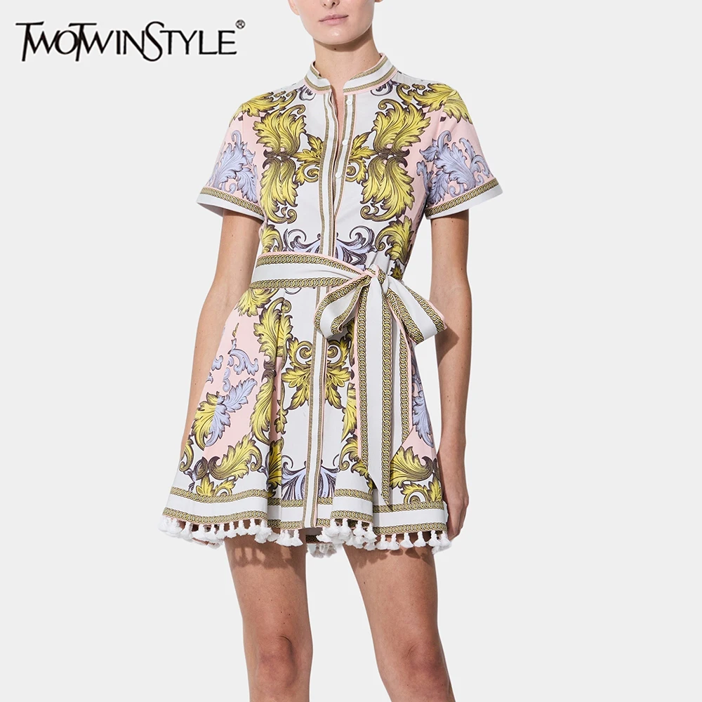 

TWOTWINSTYLE Hit Color Printing Mini Dresses for Women V Neck Short Sleeves Patchwork Lace Up Elegant Dress Female Fashion New