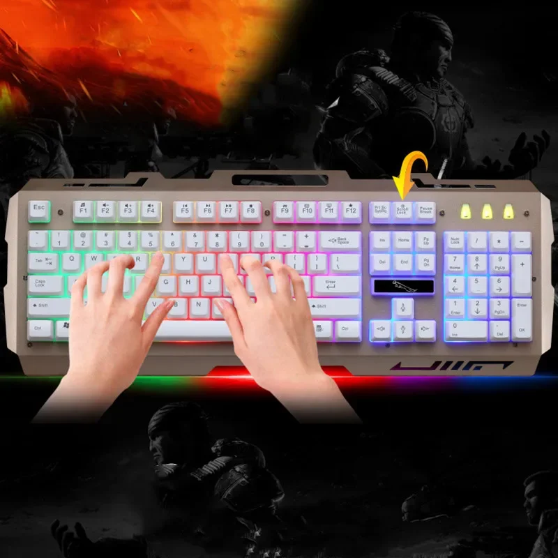 لوحة مفاتيح USB G700 مقاومة للماء، شخصية عمل ميكانيكية، ملمس معدني متوهج، حامل هاتف محمول، لوحة مفاتيح الألعاب