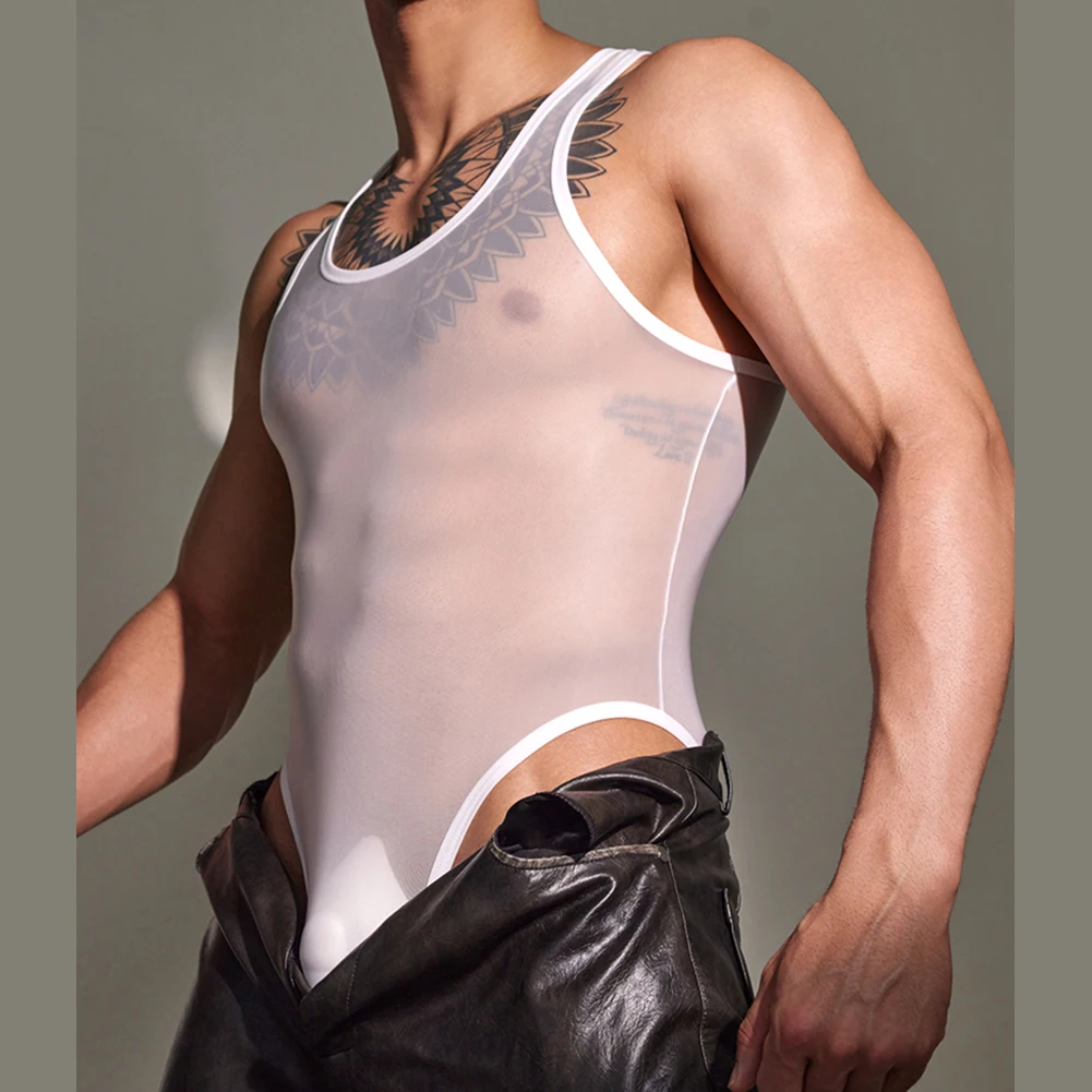 

Men's Oil Glossy Shiny Bodysuit See Through Open Butt Underwear Sissy Sexy Pajamas Jumpsuit Bodycon High Elastic