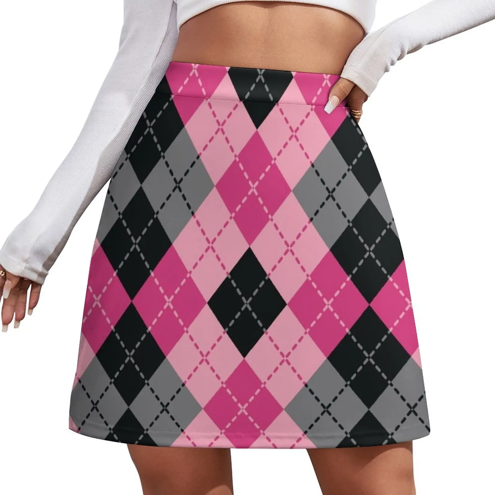 Pink and Black Dashed Argyle Mini Skirt mini skirt womens skirts korean style women clothing School skirt Mini