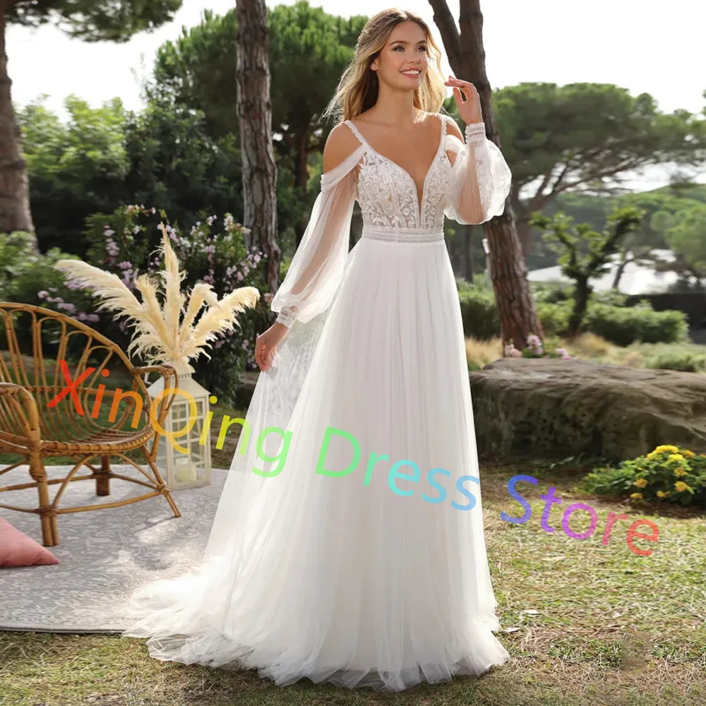 تخصيص تول قبالة الكتف فساتين الزفاف العميق الخامس الرقبة ألف خط يزين الدانتيل زي العرائس مع قطار الاجتياح بعقب