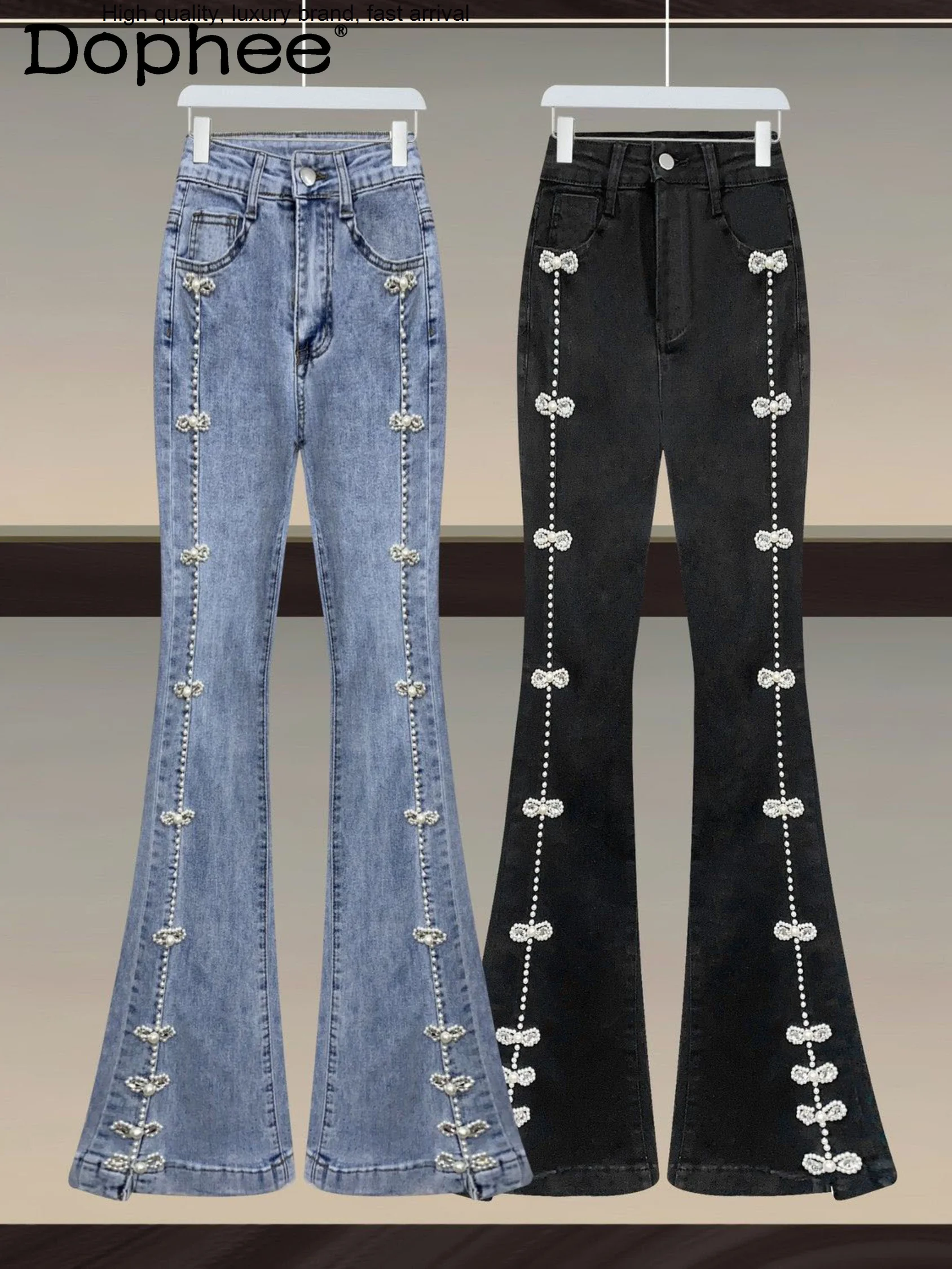 

Beads Heavy Industry Black Jeans Women Bell-bottomed Summer 2023 New Retro Fashion High-End Design Denim Flared Pants Tide