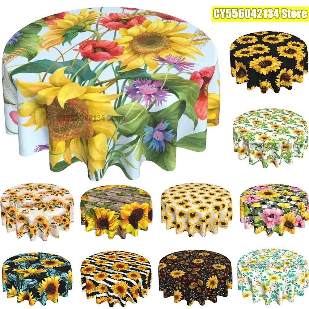 Floral Round Tablecloth 60 Inch Sunflower Poppy Flower Decorative Teal Background Spring Round Table Cloth