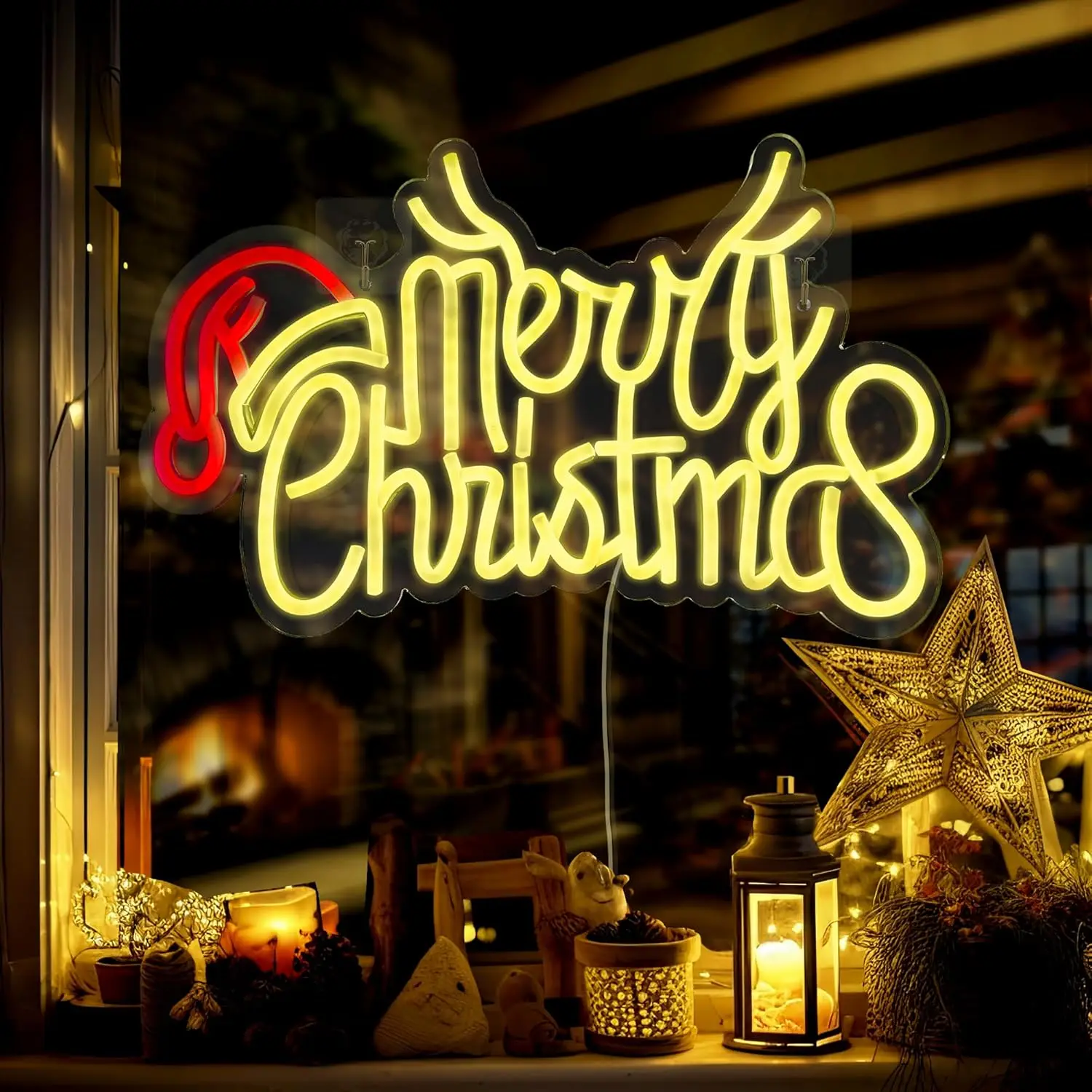 Merry Christmas Cursive Neon Sign Warm Yellow LED Santa Hat Wall Art Acrylic USB Powered Dimmable Light For Xmas Window Decor