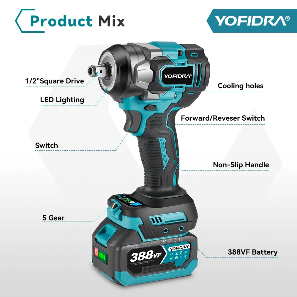 YOFIDRA 1200N.m Brushless Electric Impact Wrench 5 Gears 1/2
