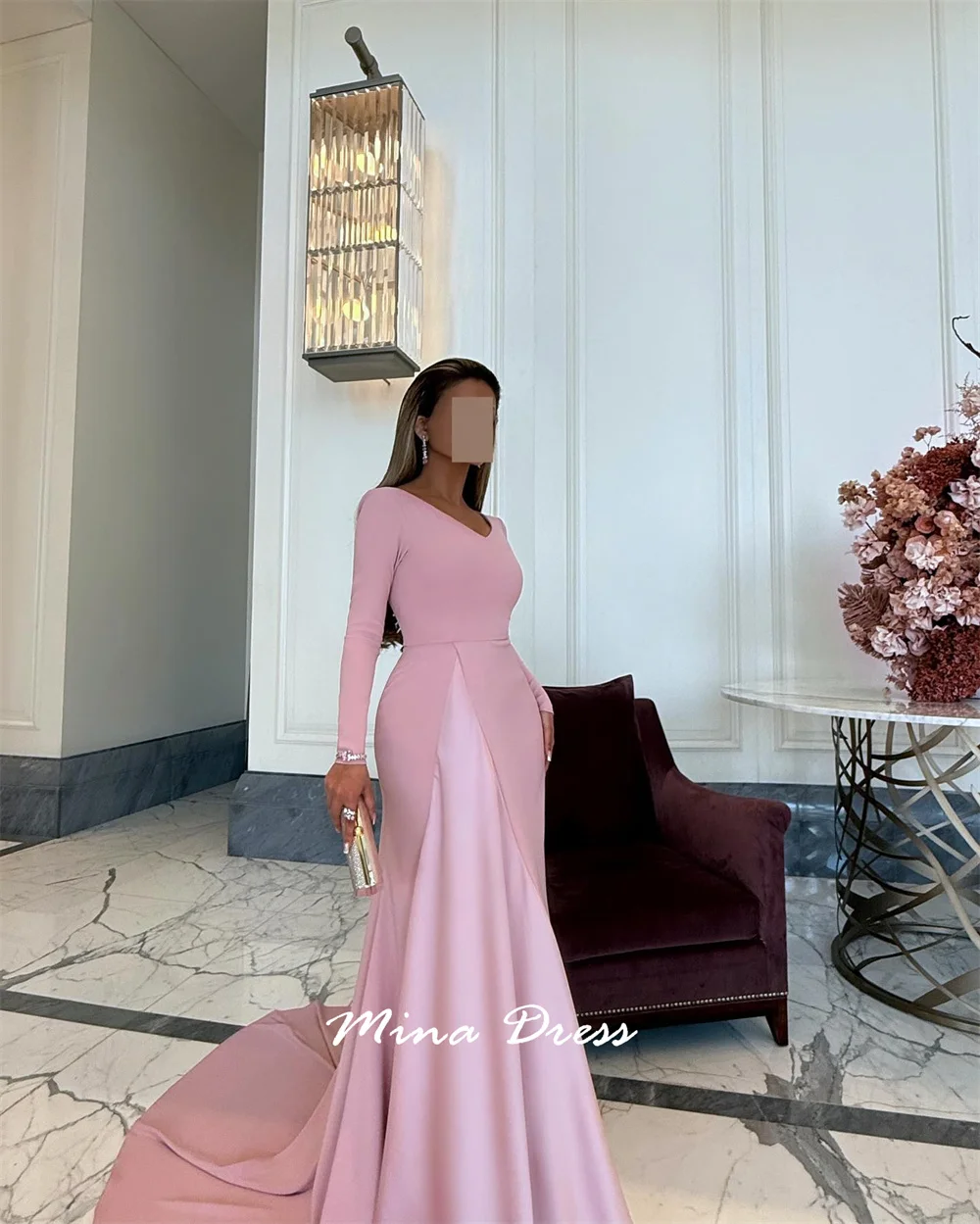 Mina Aangepaste Arabische lange mouwen elegante feestjurken Vrouw V-hals staartjurken voor speciale gelegenheden Avondjurk Prom