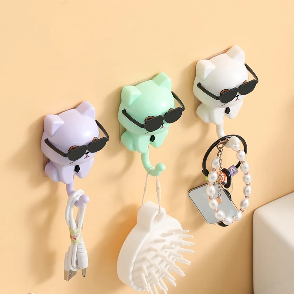 4 Pack Plastic Cat Key Holder 3.35 X 1.77 in Black White Green Purple Wall Mounted Key Organizer Adhesive Hooks Cat Wall Decor