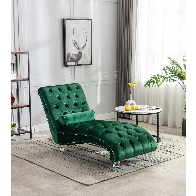 Velvet Chaise Lounge Chair with Toss Pillow, Modern Tufted Button Lounge Chair with Acrylic Legs