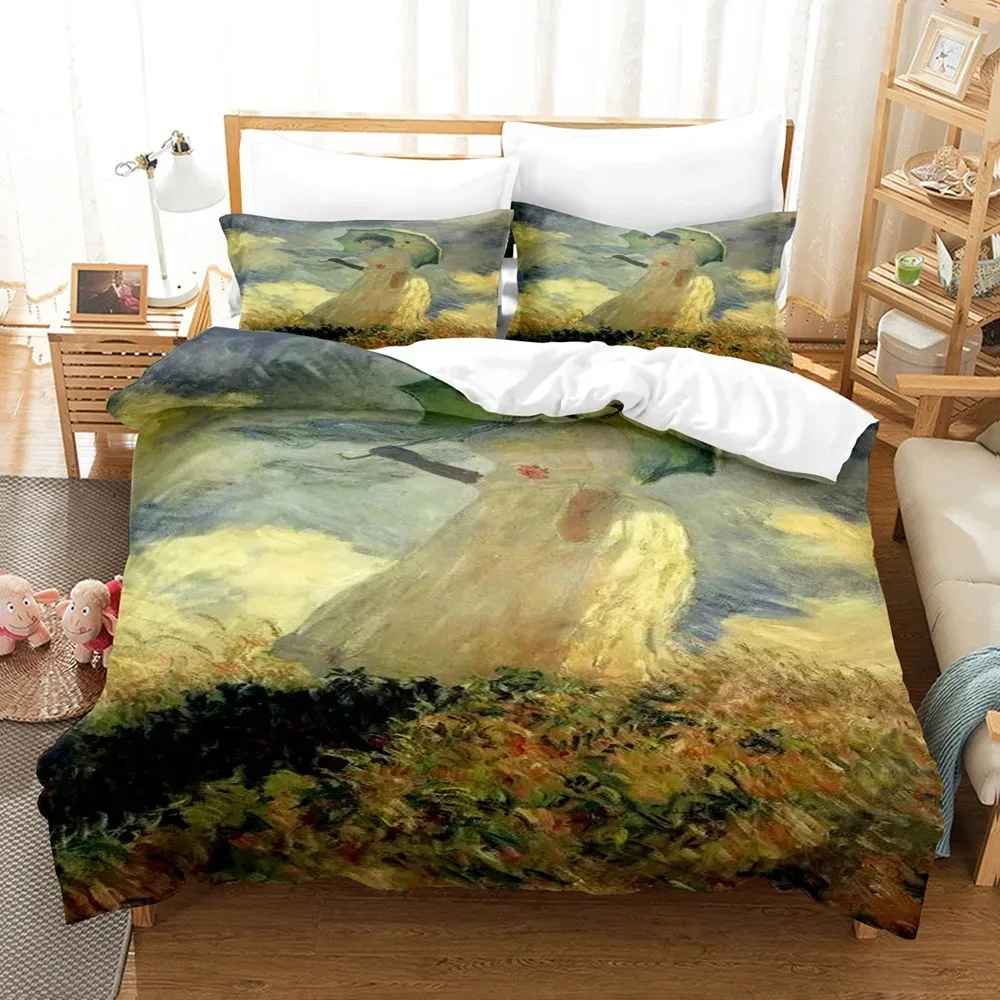 Monet Oil Painting Duvet Cover Set King Queen Size Artwork Umbrella Girl Oil Painting for Kids Boys Girls Polyester Bedding Set