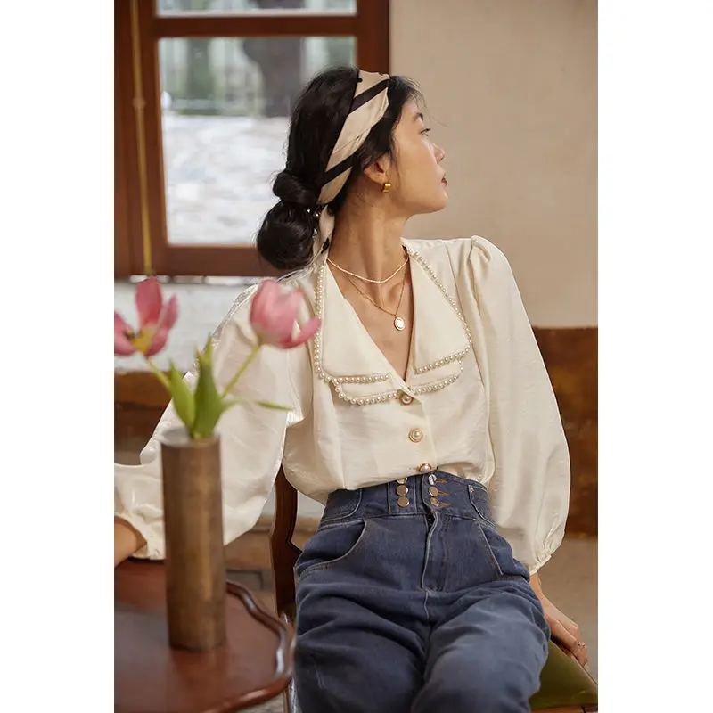 Woherb Vintage Pearl Beading Shirts Women Patchwork Peter Pan Collar Loose Puff Long Sleeve Korean Tops Sweet Elegant Blusas