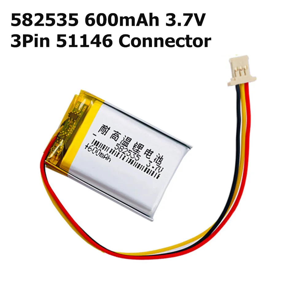 3.7V 600mAh Lithium Battery 582535 602535 3Pin 51146 Connector Replace 70Mai Rearview D07 Car DVR Gamera Dash Cam GPS Sat Nav
