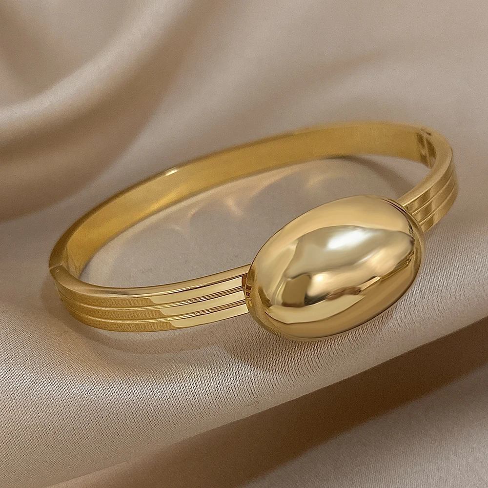 AENSOA Chunky Gold Color Oval Ball Wide Stainless Steel Open Cuff Bangles Bracelets for Women Men Punk Geometry Wrist Jewelry image 4