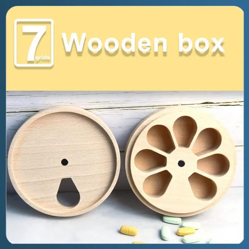 AB02 Wooden Pill Case Storage Compartment Weekly Medicine Tablet Dispenser Splitters 7-Day Pill Box, Kitchen Spice Containers