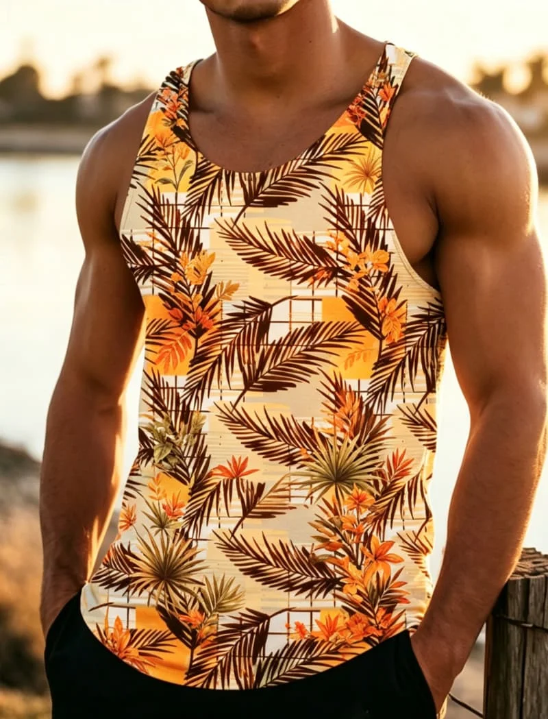 Men's Tropical Palm Leaf Flower Print Sleeveless Tank Top, for Summer Fitness, Beach Trips, Daily Outings & Casual Wear