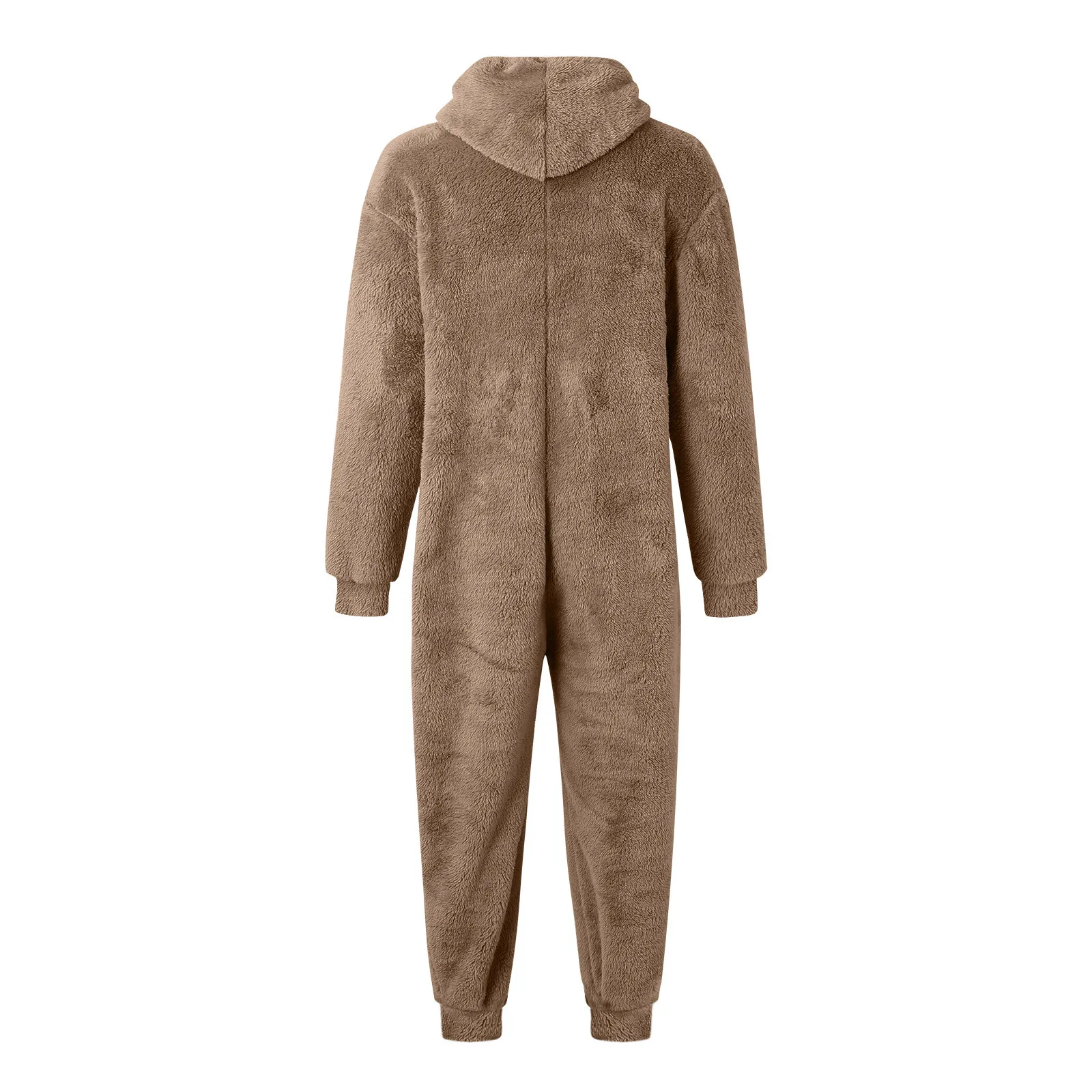 Men Artificial Wool Onesie Pajama Fall Winter Solid Color Warm Fleece Zipper Hooded Jumpsuit With Pockets Sleepwear Plush Romper