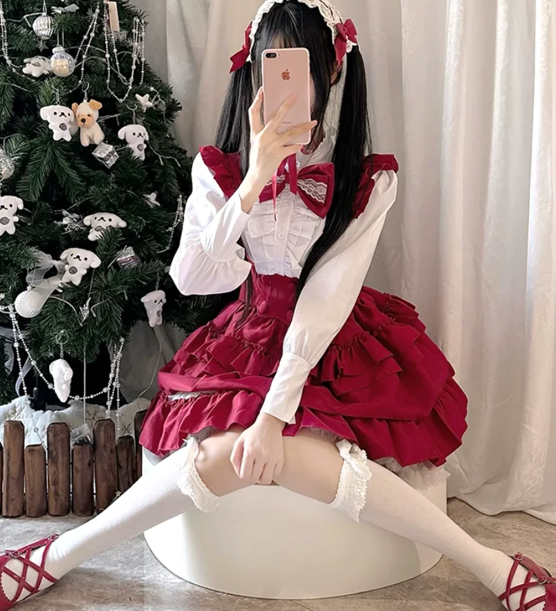 Lolita Anime Cos Sets Ruffles Stand Collar Long Sleeve White Shirt Fashion High Waist A-line Versatile Age Reduction Cake Skirt view 5