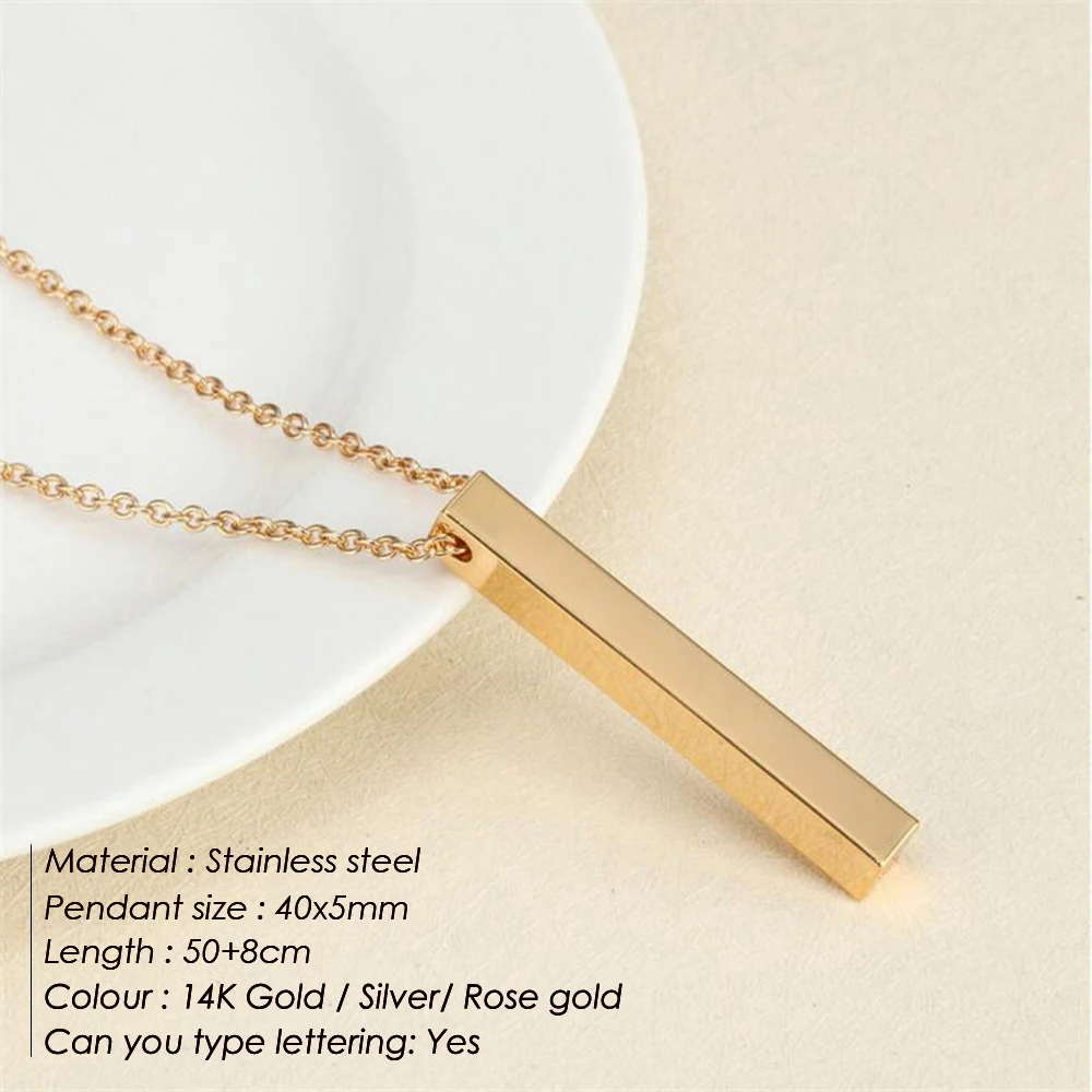 SUNIBI Engraving Stainless Steel Pendant Necklace for Woman Man 4 Sides Long Column Bar Custom Necklace Personalized Jewelry