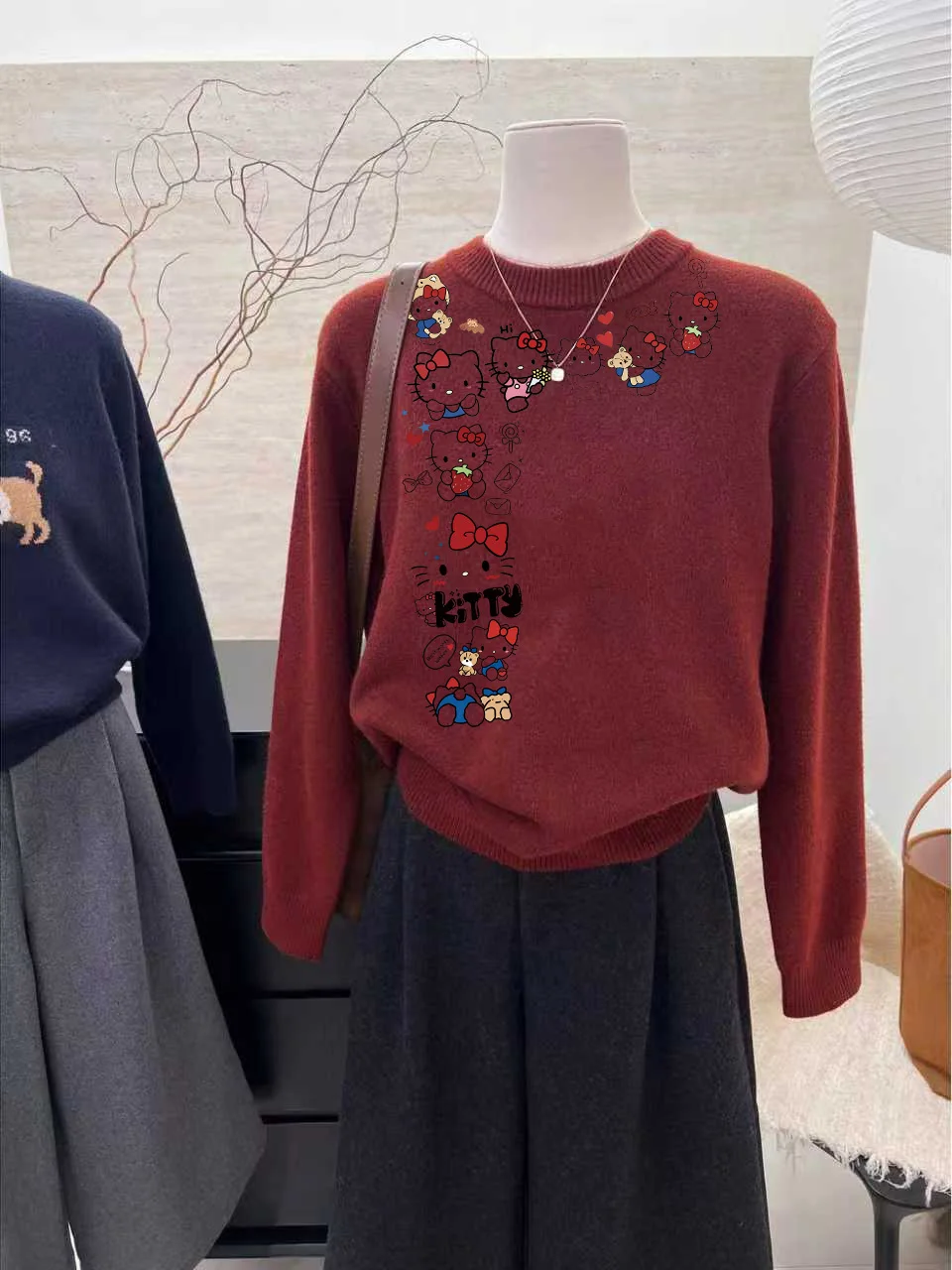 

Festive Wine Red Knitted Sweater KT Cartoon Print round Ne Long Sve Women's Warm Top Polyester Fiber Loose Fit Sle