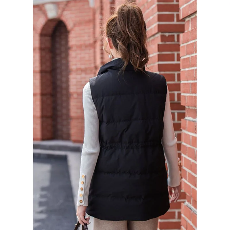 2025 New Parkas Women Vest Coats Thick Warm Sleeveless Turn Down Collar Drawstring Tight Waist Coat Single Breasted Autumn Winte