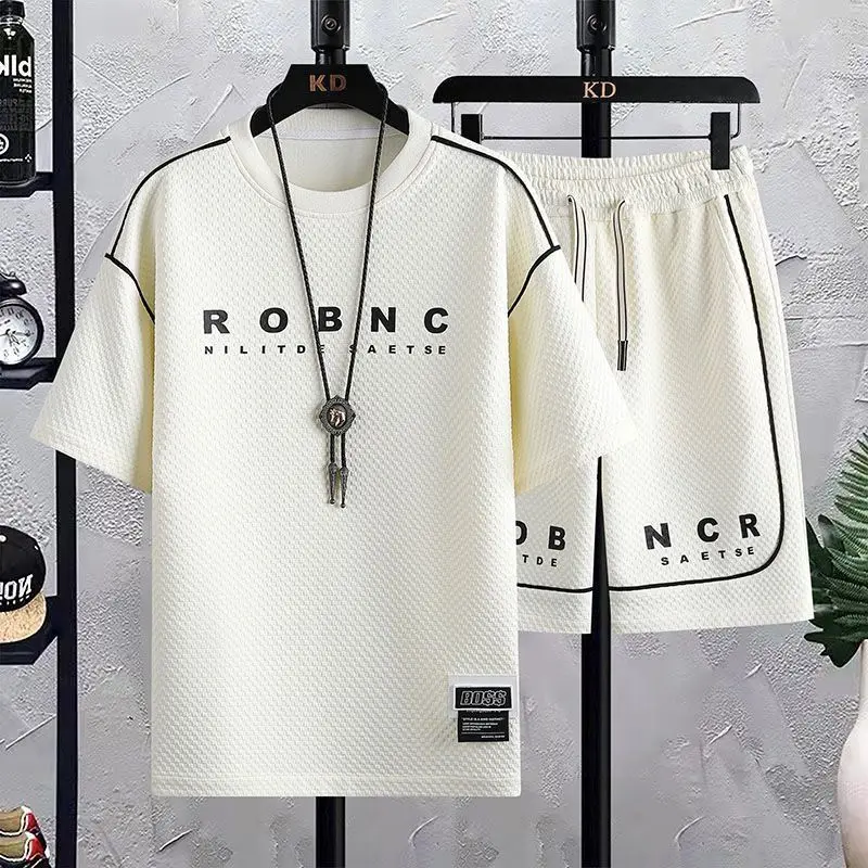 2024 Summer Ice Silk Set for Men Easy O-Neck Pullovers Short Sleeve Thin Style Five Quarter Pants Huafuge Fashion Casual Sets