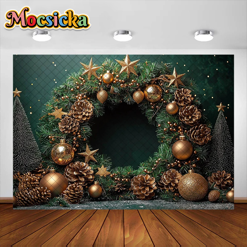 Fondo de fotografía de Navidad, corona de árbol de Navidad, suministros de decoración de estrellas doradas, fondos de retrato de foto de vacaciones para niños