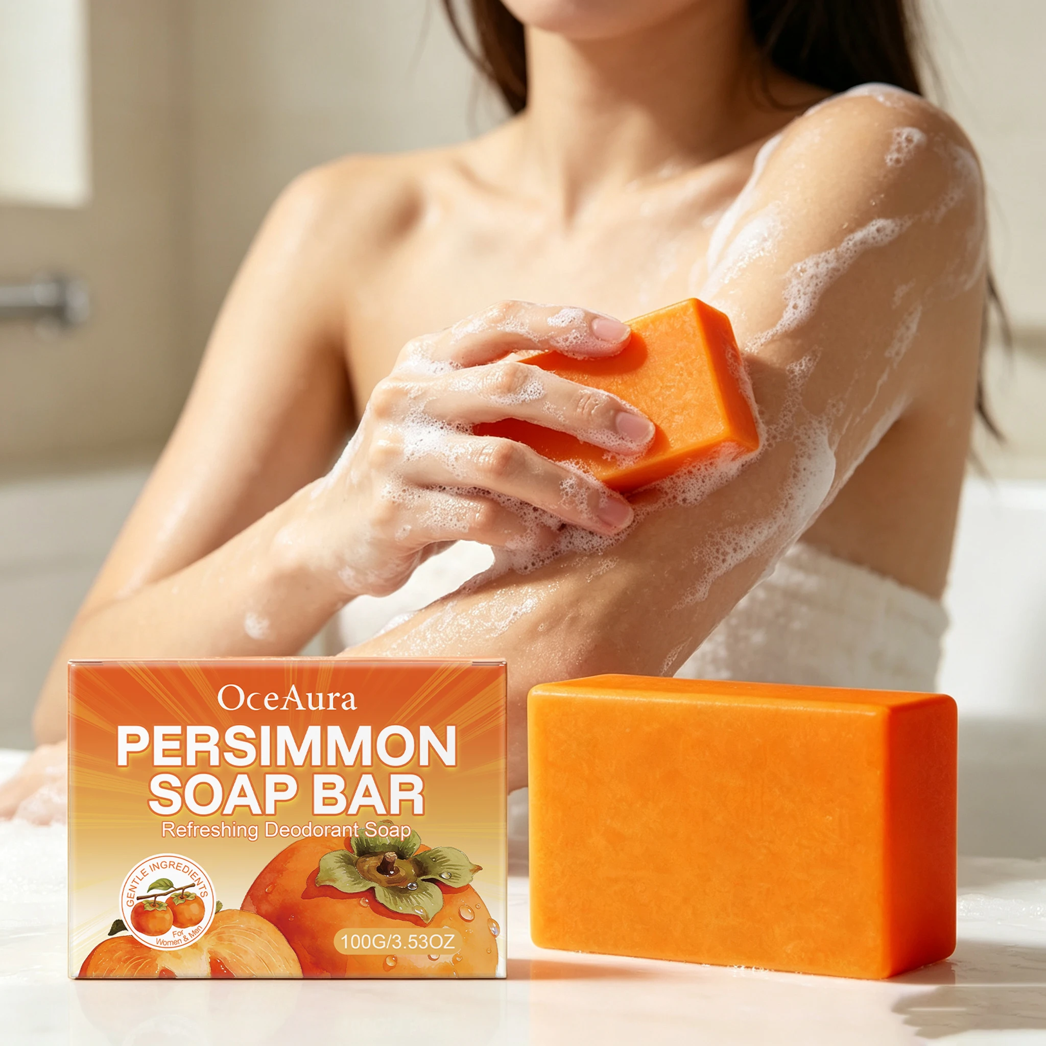 100G Persimmon Body Soap Bar Daily Cleaning Pores Moisturizing Fresh Fragrance Easy Rinse Non-tight Body Soap for All Skin Types