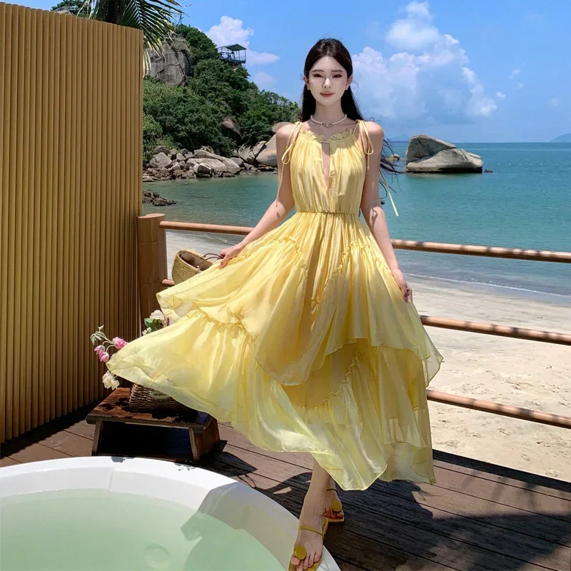 2024 New Long Elegant Lolita Holiday Dresses O-Neck Ladies Strappy Vacation Dress Summer Slim Graceful Women Yellow Sundress