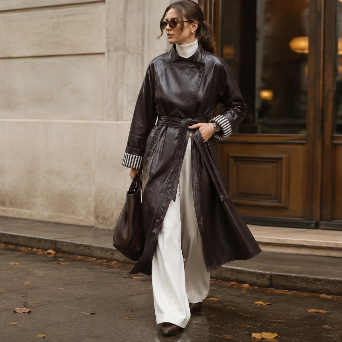 Women's Genuine Leather Trench Coat with Belt Luxury Vegetable Tanned Sheepskin Female Casual Stand Collar Oversized Outerwear