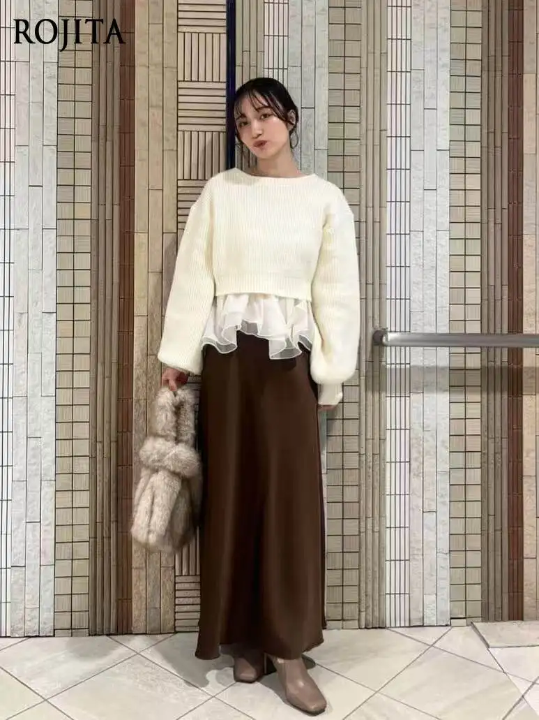 Japanese-style Gentle and Sweet Round-neck Lantern Sleeve Long-sleeved Short Knit Top with Ruffled Camisole Set