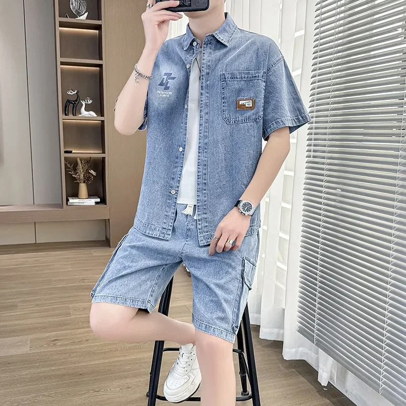 Summer Men's Thin Denim Short-sleeved Shirt Suit Trendy Loose Casual Shorts Two-piece Set